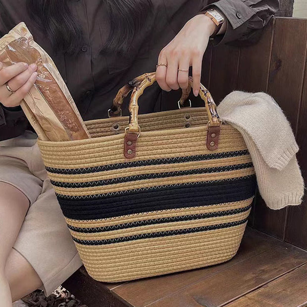 Spring Straw Woven Large Tote Bag for Women with Bamboo Handle