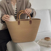 Spring Straw Woven Large Tote Bag for Women with Bamboo Handle
