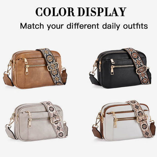 Double Compartment Vegan Leather Crossbody Bag Purses with Adjustable Wide Strap