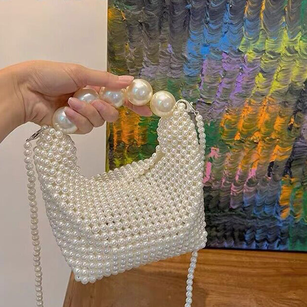 Pearl Bead Handbag For Women White Elegant Crossbody Bag