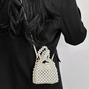 Elegant Pearl Bead Bucket Purse For Women White Mini Handbag