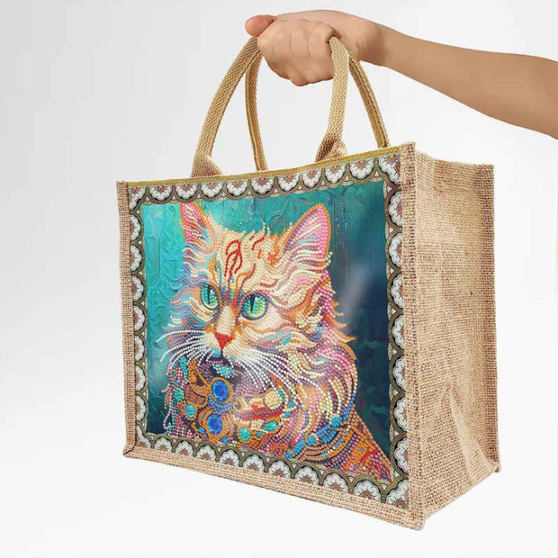 DIY Cat Handbag Linen Diamond Painting Tote Bag Shopping Travel Purse