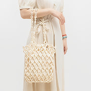 Wooden Bead Tote With Woven Lining Shoulder Bag For Women