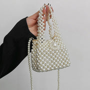 Elegant Pearl Bead Bucket Purse For Women White Mini Handbag
