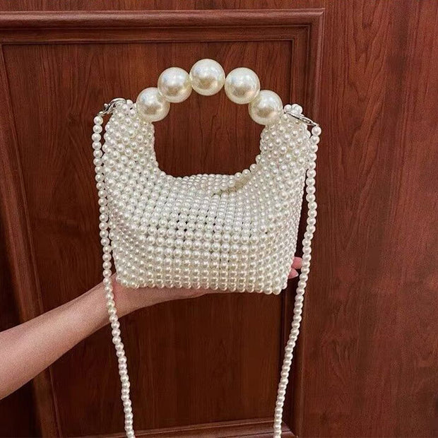 Pearl Bead Handbag For Women White Elegant Crossbody Bag