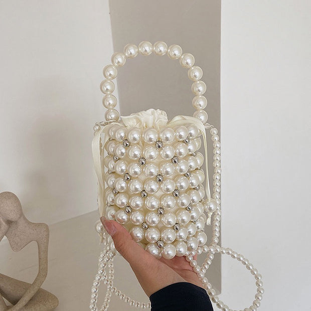 Hollowe Out Pearl Bead Bucket Bag For Women Mini Handbag