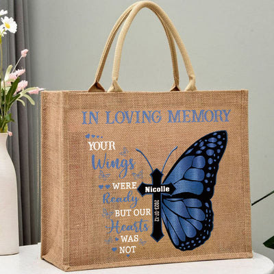 IN MEMORY OF Custom Jute Tote Butterfly Print Large Shopping Purses