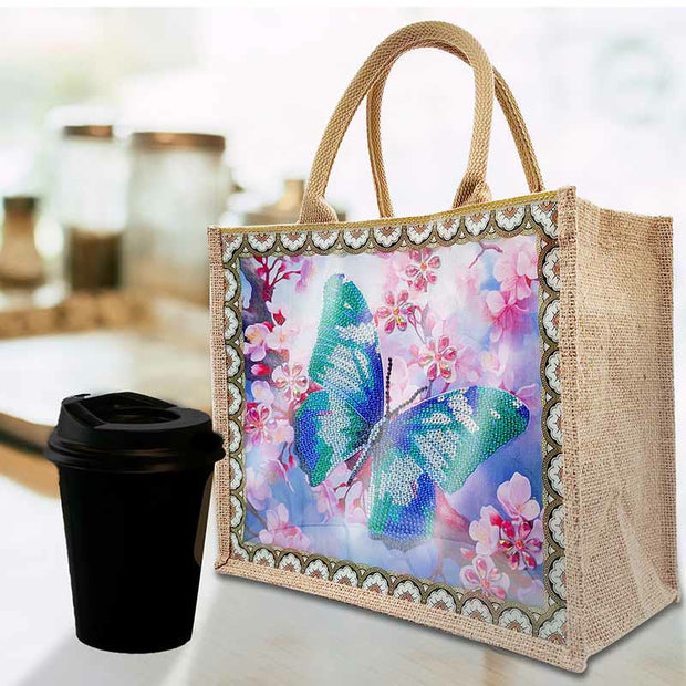 Butterfly and Floral DIY Diamond Art Painting Tote Kit Durable Linen Handbag