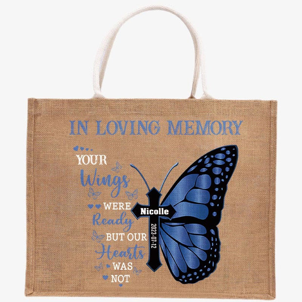 IN MEMORY OF Custom Jute Tote Butterfly Print Large Shopping Purses