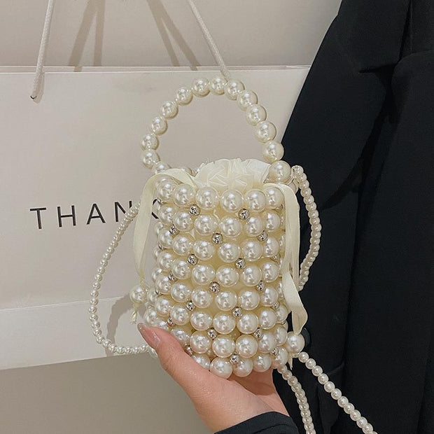 Hollowe Out Pearl Bead Bucket Bag For Women Mini Handbag