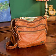 Double Compartment Soft Leather Crossbody Bag Retro Handbag for Women