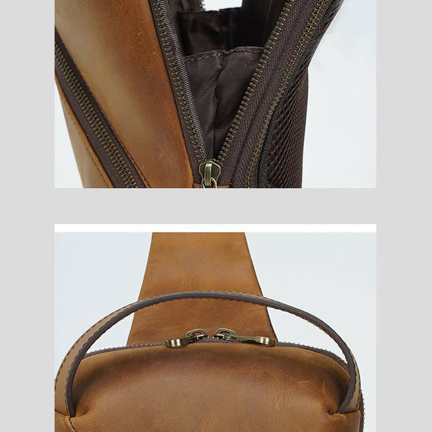 Men's Leather Crossbody Sling Bag Outdoor Travel Chest Bag Shoulder Daypack