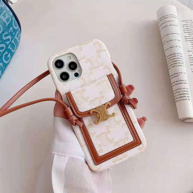 Vintage iPhone Card Holder Case Cell Phone Bag with Neck Strap