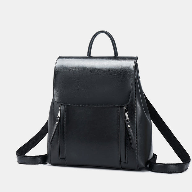 Medium Flap Backpack for Women Girls Oil Wax Genuine Leather Backpacks