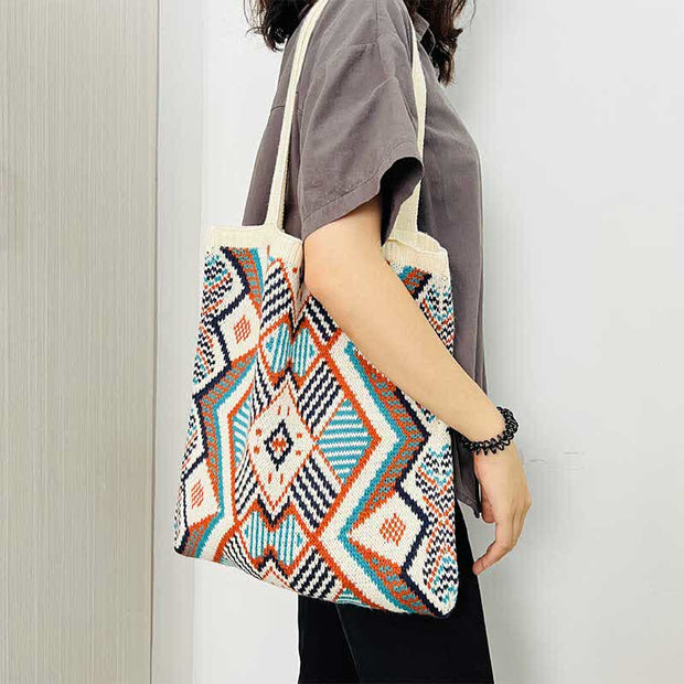 Fashion Woven Tote for Women Lightweight Geometric Print Shoulder Bag