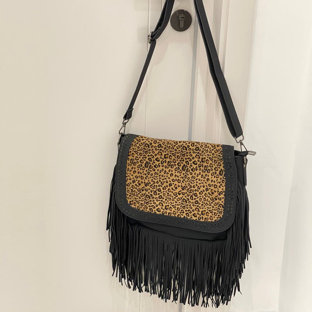 Bohemian Leopard Print Bag For Women Vintage Fringe Crossbody Bag