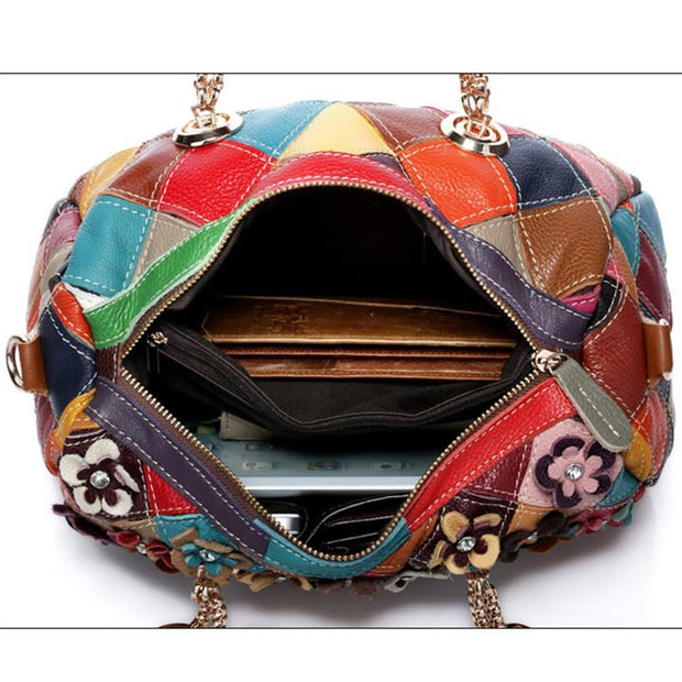 Genuine Leather Multicolor Flower Handbag