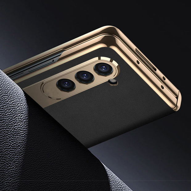 Z Fold 5 Phone Case Leechi Grain Genuine Leather With Screen Film Case