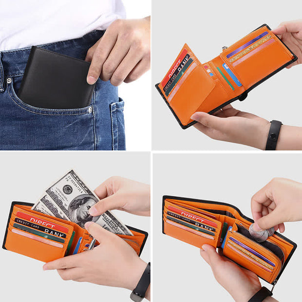 Men's Cowhide Leather RFID Blocking Bifold Wallet Stylish Anti Theft Wallets