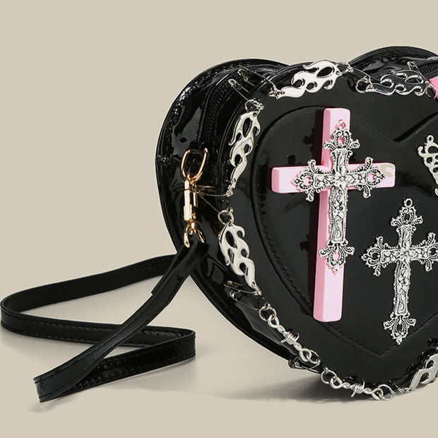 Gothic Heart Shape Purse Womens Cross Rivet Shoulder Bag