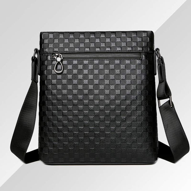 Genuine Leather Waterproof Messenger Bag for Men Plaid Crossbody Bag