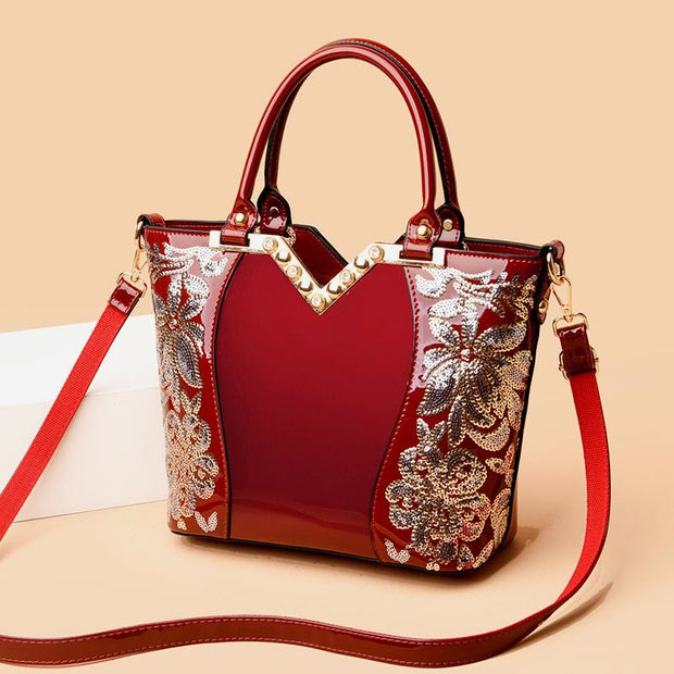 Tote Bag For Women Embroidered Sequin Diamond Patent Leather Handbag