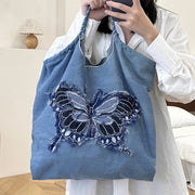 Butterfly Pattern Shoulder Bag For Women Large Denim Tote