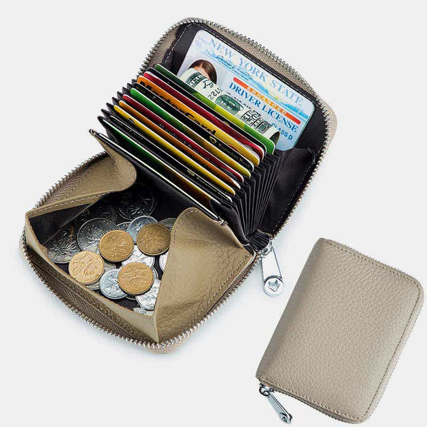 RIFD Blocking Small Coin Purse Multi-Pocket Card Holder Genuine Leather Wallet