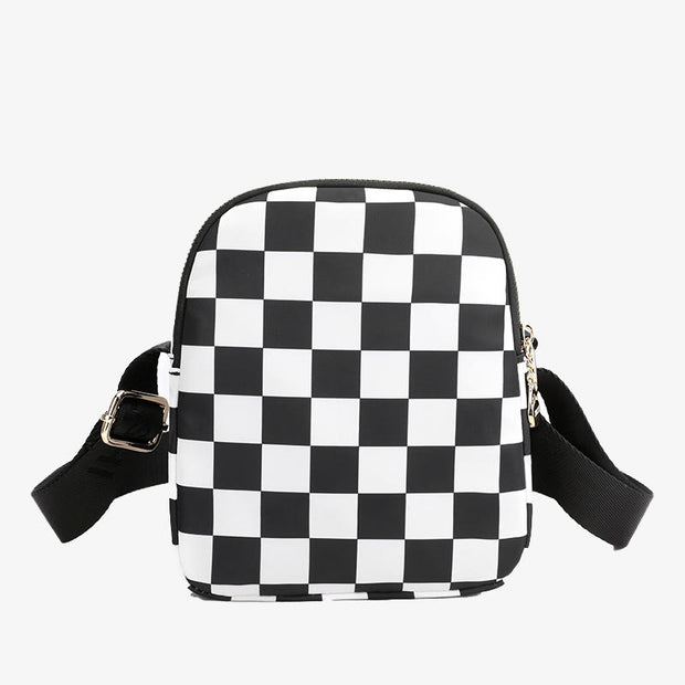 Checkerboard Print Crossbody Bag Womens Double Compartment Nylon Purse