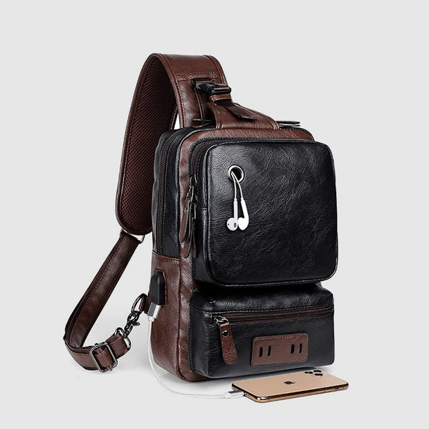 Sling Bag For Men Outdoor Sports PU Leather Crossbody Backpack
