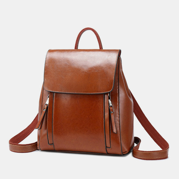 Medium Flap Backpack for Women Girls Oil Wax Genuine Leather Backpacks