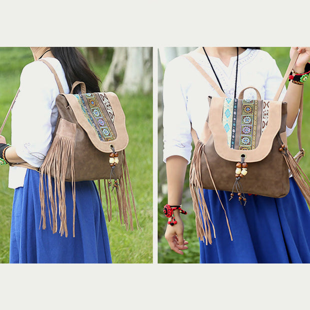 Backpack For Women Ethnic Style Printing Tassel Leather Daypack