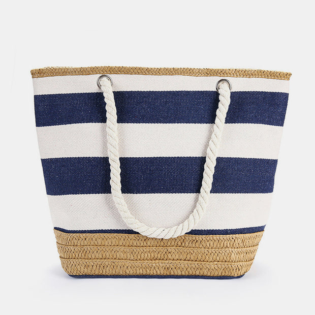 Casual Stripe Straw Woven Shoulder Bag Summer Beach Bag Canvas Shopping Bag