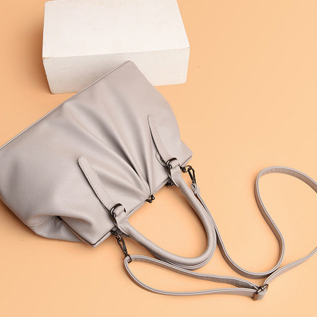 Pleated Design Tote Ladies Minimalist Large Genuine Leather Crossbody Bag