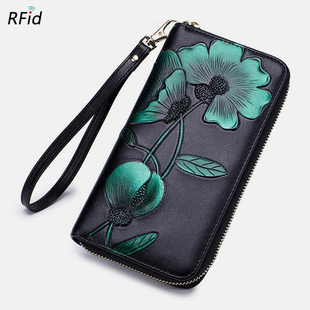 RFID Genuine Leather Vintage Floral Embossing Wallet