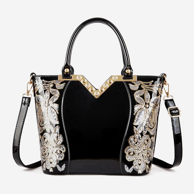 Tote Bag For Women Embroidered Sequin Diamond Patent Leather Handbag