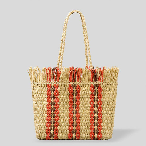 Tote Bag For Women Casual Vertical Stripes Straw Beach Bag