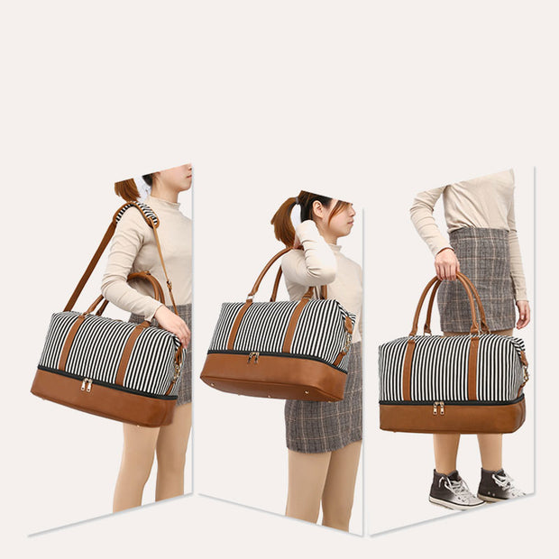 Stripe Canvas Duffel Bag Handbag Weekender Bag with Luggage Sleeve