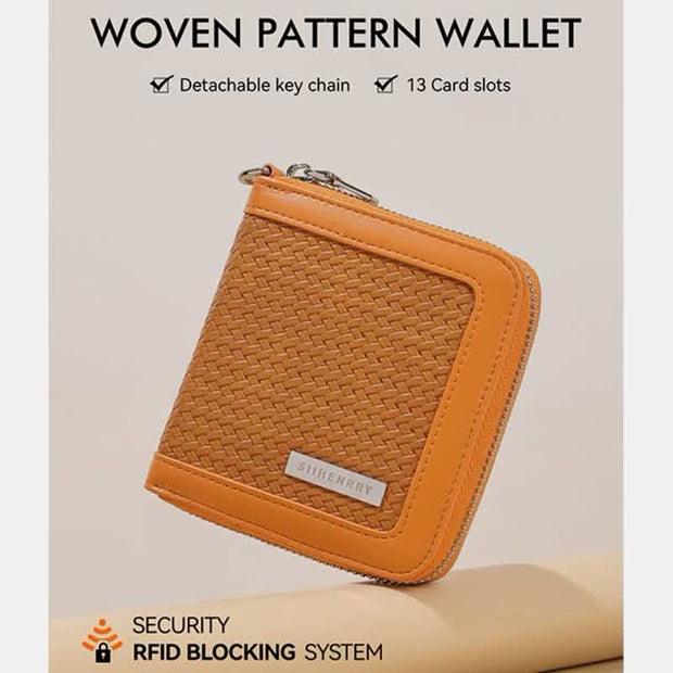 Womens Short Zip Around Bifold Woven Wallet Mini Purse Card Holder