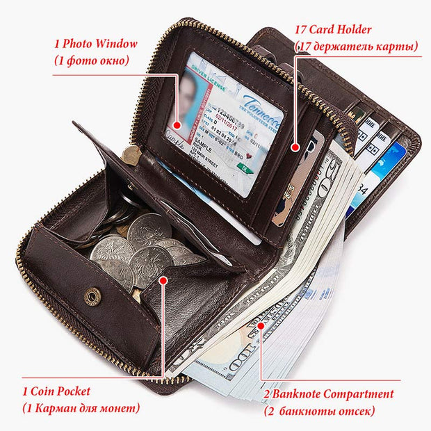 RFID Anti-theft Thir-Fold Multi-Slot Genuine Leather Short Wallet