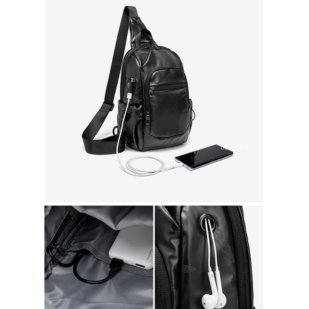 Unisex Small Black Sling Crossbody Shoulder Bag Daypack with USB Charger