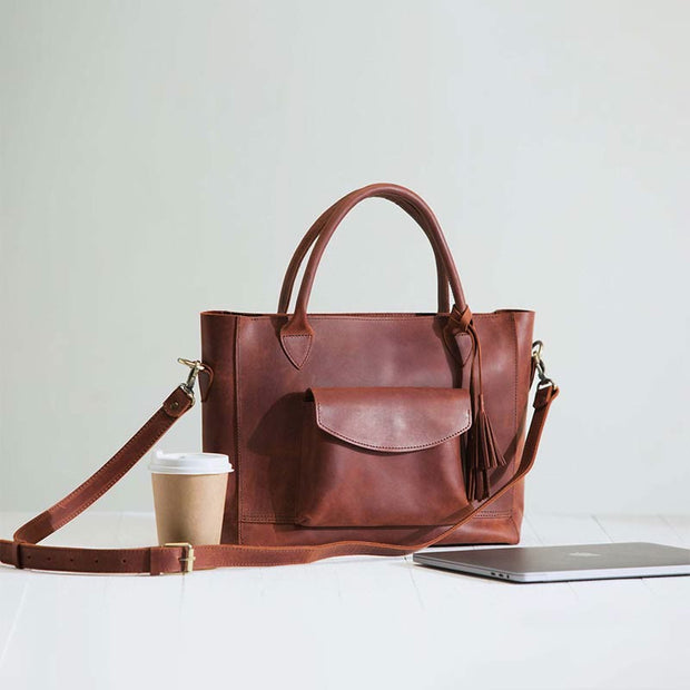 Retro Leather Tote Tassel Decor Classic Multifunctional Travel Bag