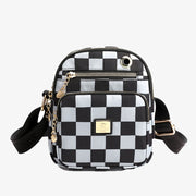 Checkerboard Print Crossbody Bag Womens Double Compartment Nylon Purse