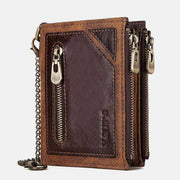 Vintage RFID Genuine Leather Bifold Coin Wallet With Chain