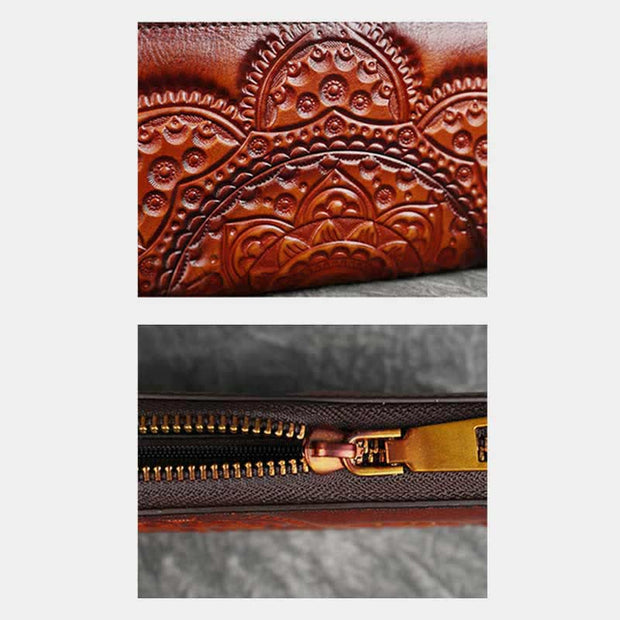 Women Genuine Leather Zip Around Embossing Wallet Large Cowhide Leather Wallet