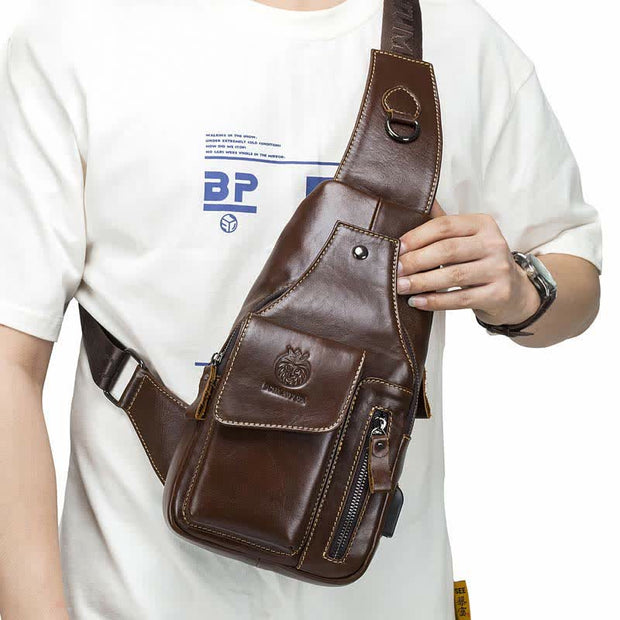 Genuine Leather Multi-Pocket Chest Bag Sling Backpack with USB Charging Port