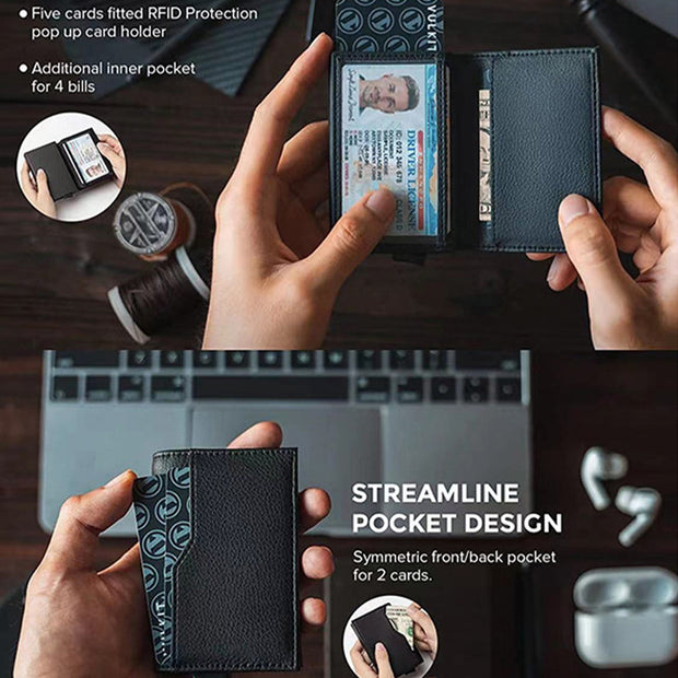 Genuine Leather Handmade RFID Blocking Pop Up Wallet Card Holder