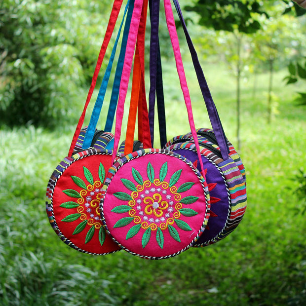 Folk Custom Canvas Bag Women Embroidery Sunflower Small Round Bag