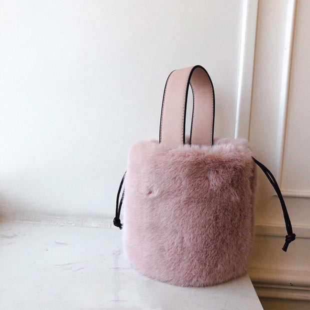 Drawstring Handbag For Women Faux Fur Minimalist Bucket Bag