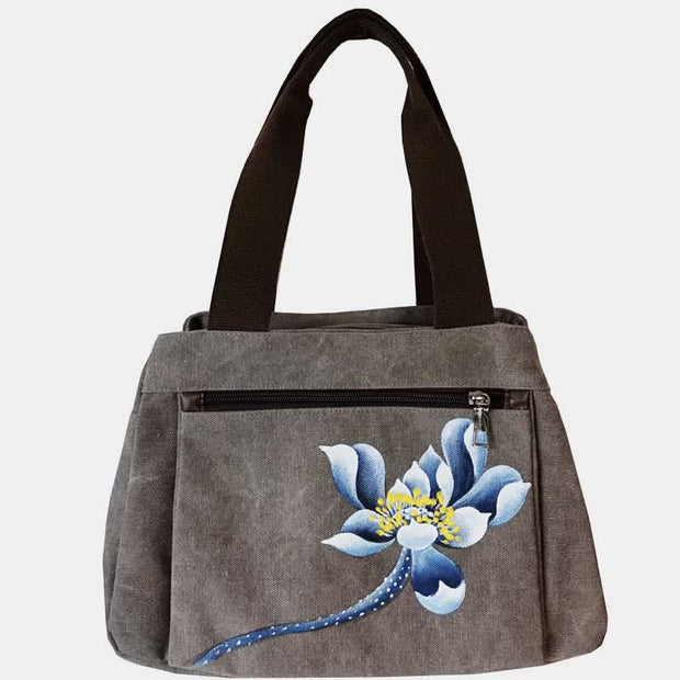 Triple Compartment Canvas Handbag Purse Floral Print Crossbody Shoulder Bag